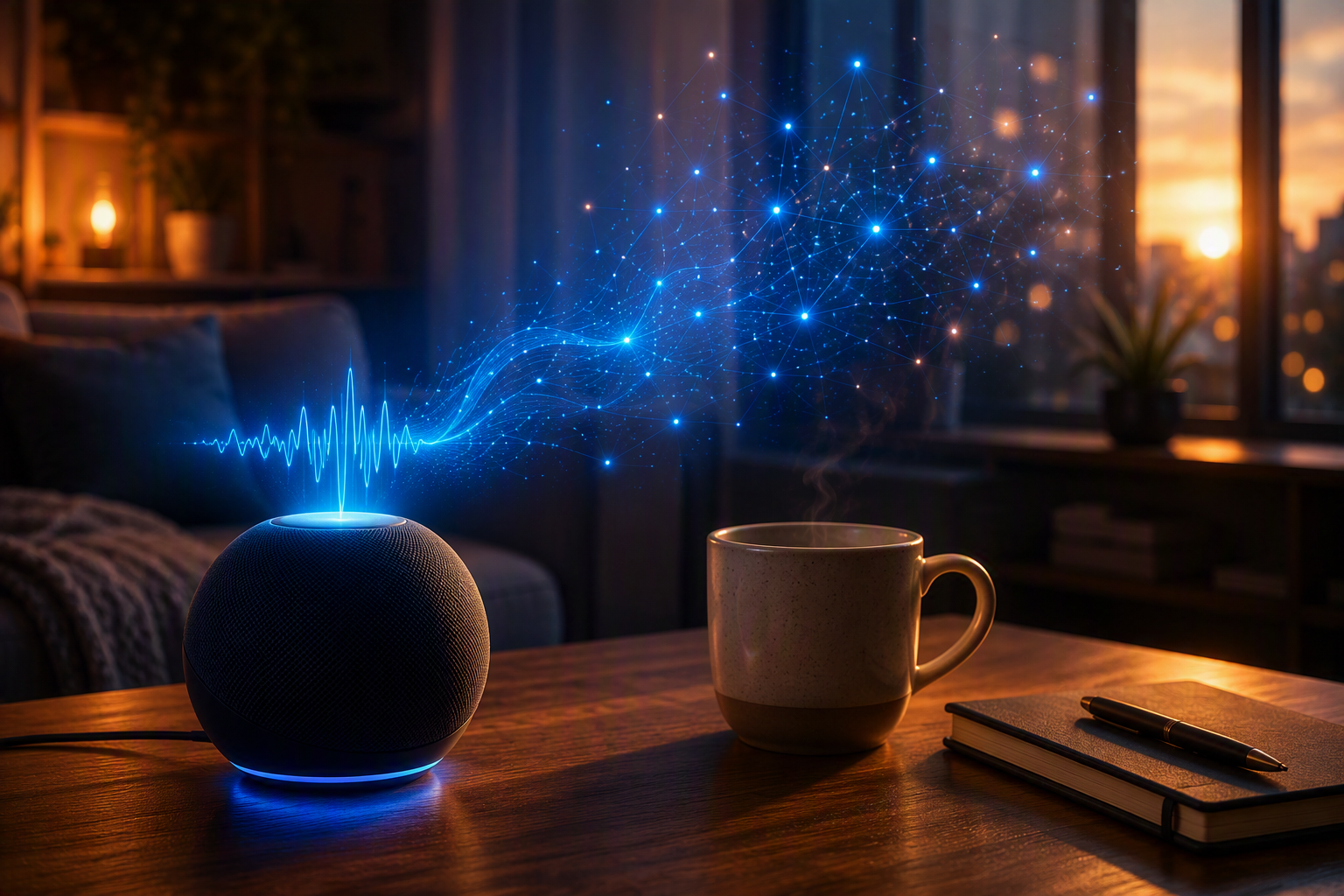 An Alexa speaker visualising a network of connected AI signals